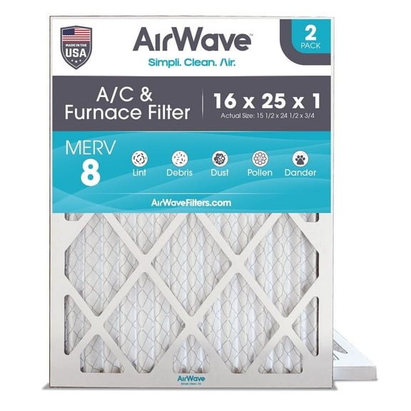 AirWave 16x25x1 MERV 8 Pleated HVAC AC Furnace Air Filters, 2-Pack