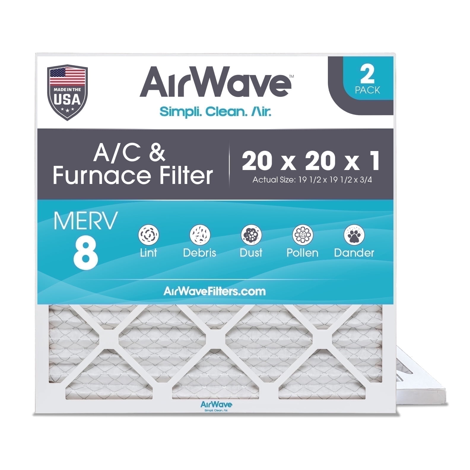 AirWave 20x20x1 MERV 8 Pleated HVAC AC Furnace Air Filter, 2-Pack