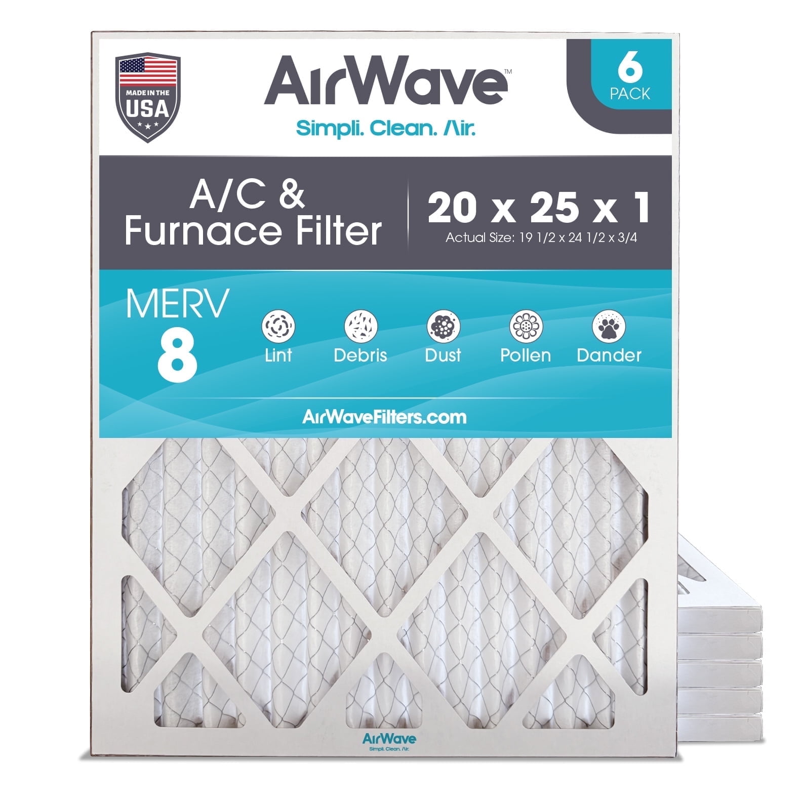 AirWave 20x25x1 MERV 8 Pleated HVAC AC Furnace Air Filter, 6-Pack