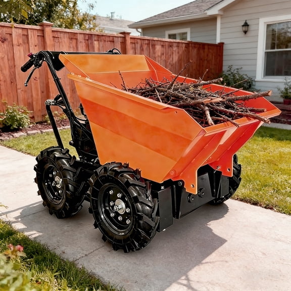 AirWire 660 lbs Capacity Gas Powered Wheelbarrow, Briggs & Stratton CR950 208cc 6.5HP Engine, 4WD Garden Dumper Cart with 3F+1R Gearbox, Orange, Fully Assembled