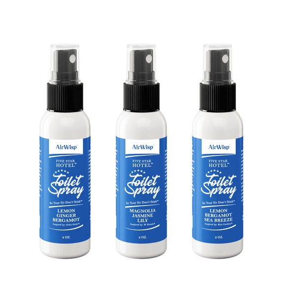 AirWisp Toilet Spray Variety Pack - Hotel-Inspired Fragrances - The W, Nobu and Ritz Carlton Hotel Scents - Poop Spray Odor Eliminator - 3 Pack - 2 oz. Bottles - Up To 100 Uses Per Bottle