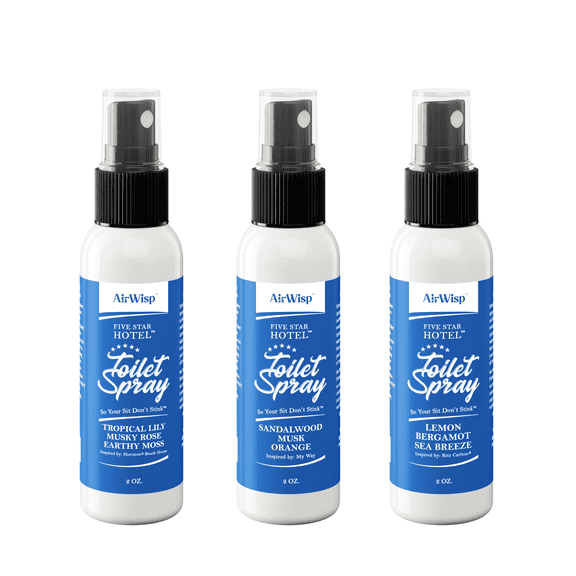 AirWisp Toilet Spray Variety Pack - Hotel-Inspired Scents - Sheraton Beach House, My Way and Ritz Carlton Hotel Scents - Poop Spray Odor Eliminator - 3 Pack - 2 oz. Bottles - Up To 100 Uses Per Bottl