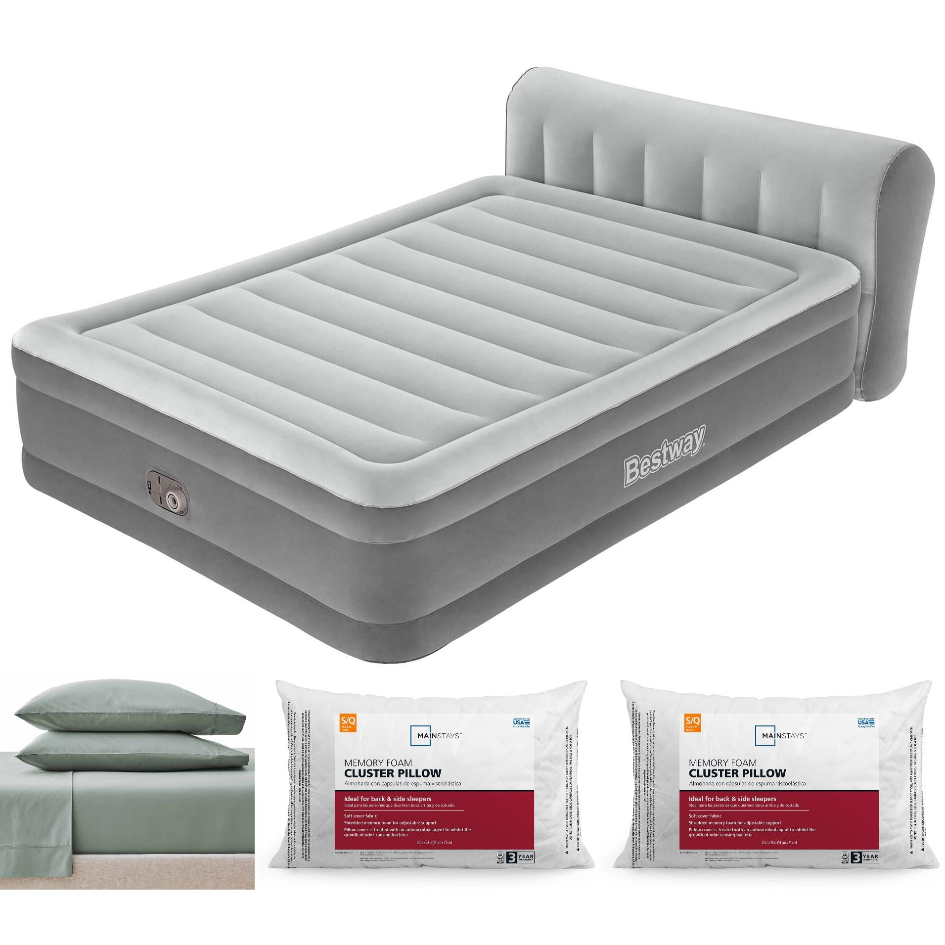 Queen Airbed Sleep Bundle – 18" Air Mattress, Sheet Set & Memory Foam Pillow