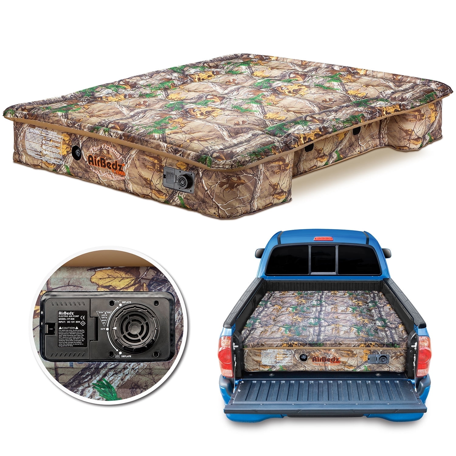 Airbedz by Pittman Outdoors - Truck Bed Air Mattress Full Size 5.5'-5.8' Ft Bed With Built-In Rechargeable Battery Air Pump & Includes Tailgate Extension Camo