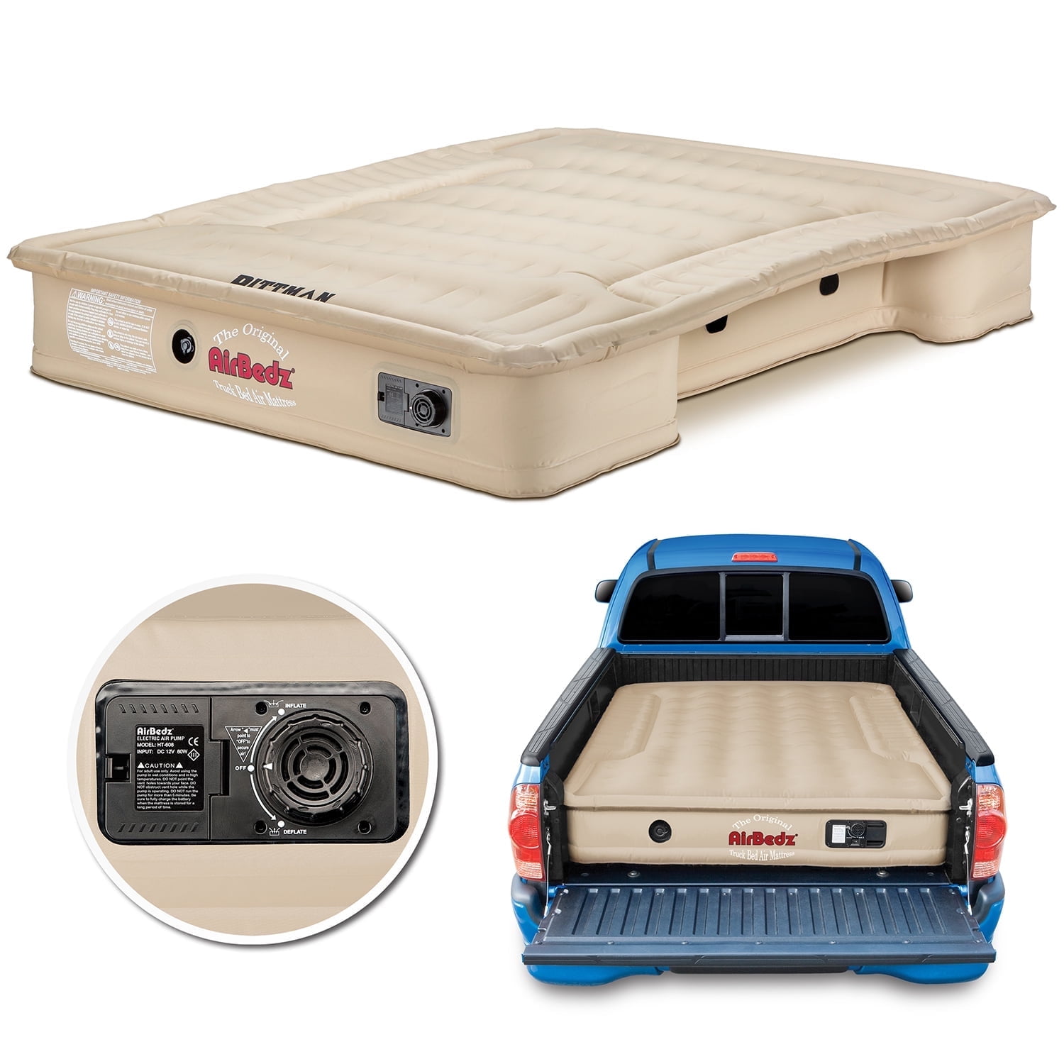 Airbedz by Pittman Outdoors - Truck Bed Air Mattress Mid Size 6.0-6.5' Ft Bed With Built-In Rechargeable Battery Air Pump Tan