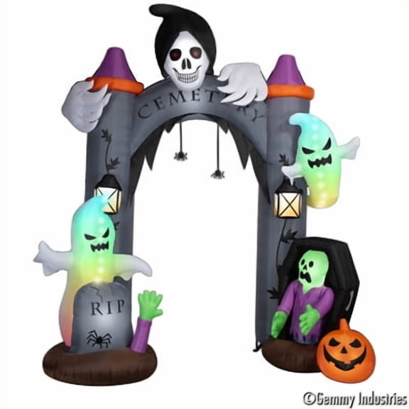 Airblown Halloween Light Animated Lightshow Archway Reaching Rainbow Wave Short Circuit Haunted Cemetery with Reaper 11.5 ft