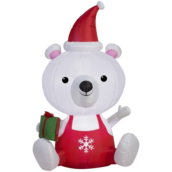Christmas Inflatable Polar Bear With Santa Hat & Gift By Gemmy