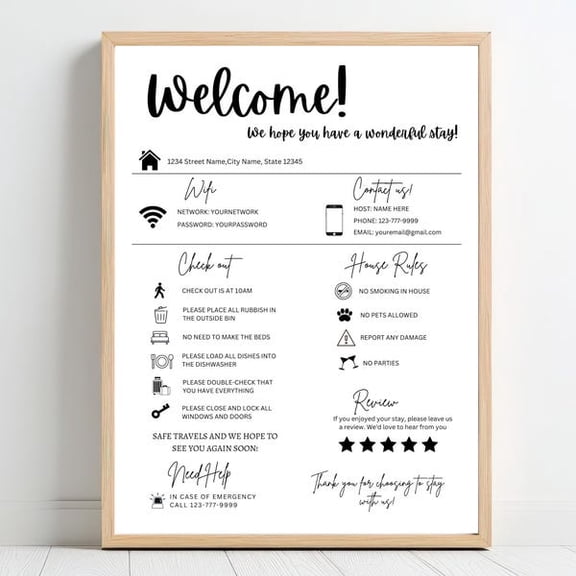 Airbnb Welcome Sign Template, Vacation Rental Printable, Guest Arrival Poster, Beach House Rules & WiFi Password Sign, VRBO, Unframed Paper Poster 8x10in
