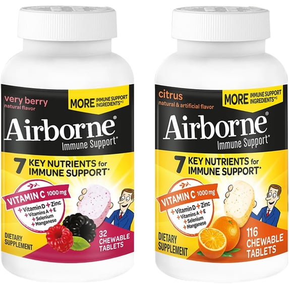 Airborne 1000mg Vitamin C + Zinc Immune Support Supplement Chewable Tablets, Very Berry & Citrus Flavor with Powerful Antioxidants Vitamins A C & E, 116 Chewable Tablets (Very Berry + Citrus)