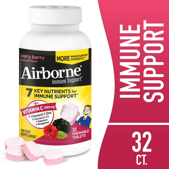 Airborne 1000mg Vitamin C Immune Support Chewable Tablets, Multivitamin Supplement, Very Berry Flavor, 32 ct