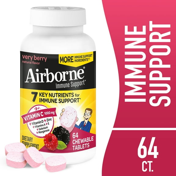 Airborne 1000mg Vitamin C Immune Support Chewable Tablets, Multivitamin Supplement, Very Berry Flavor, 64 ct