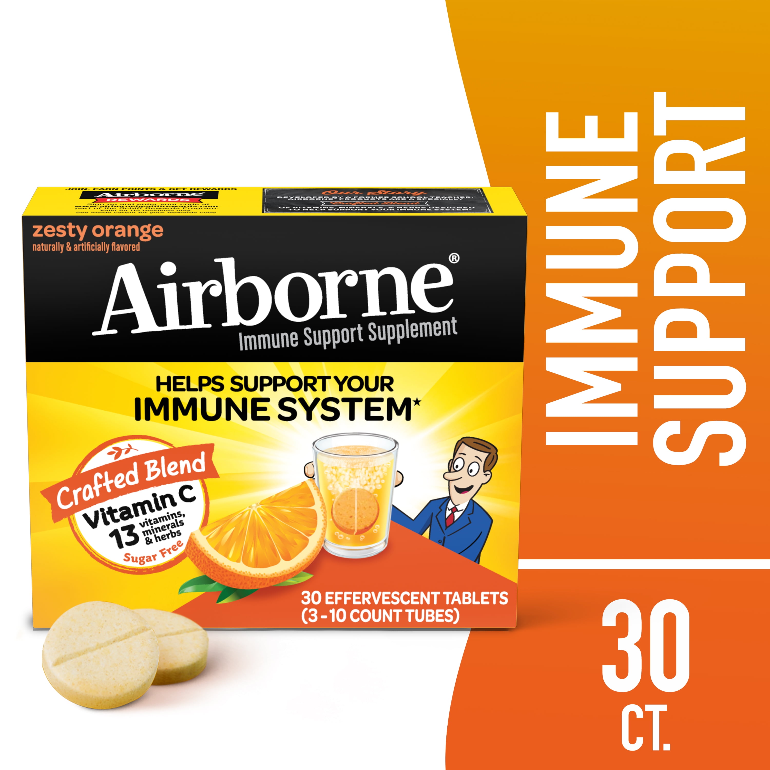 Airborne 1000mg Vitamin C Immune Support Effervescent Tablets, Zesty Orange, 30 Count