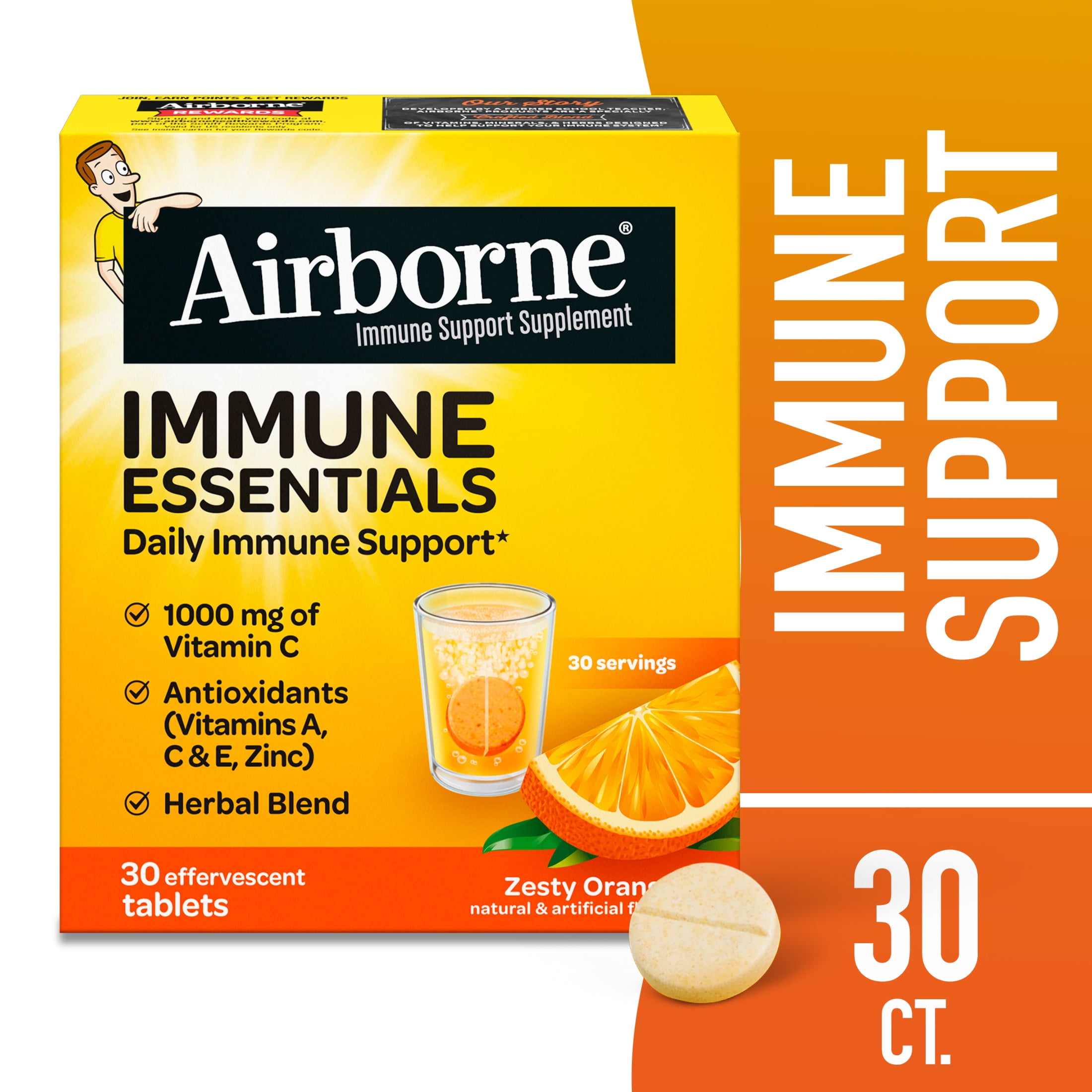 Airborne 1000mg Vitamin C Immune Support Effervescent Tablets, Zesty Orange, 30 Count