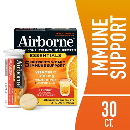 Airborne 1000mg Vitamin C Immune Support Effervescent Tablets, Zesty Orange, 30 Count