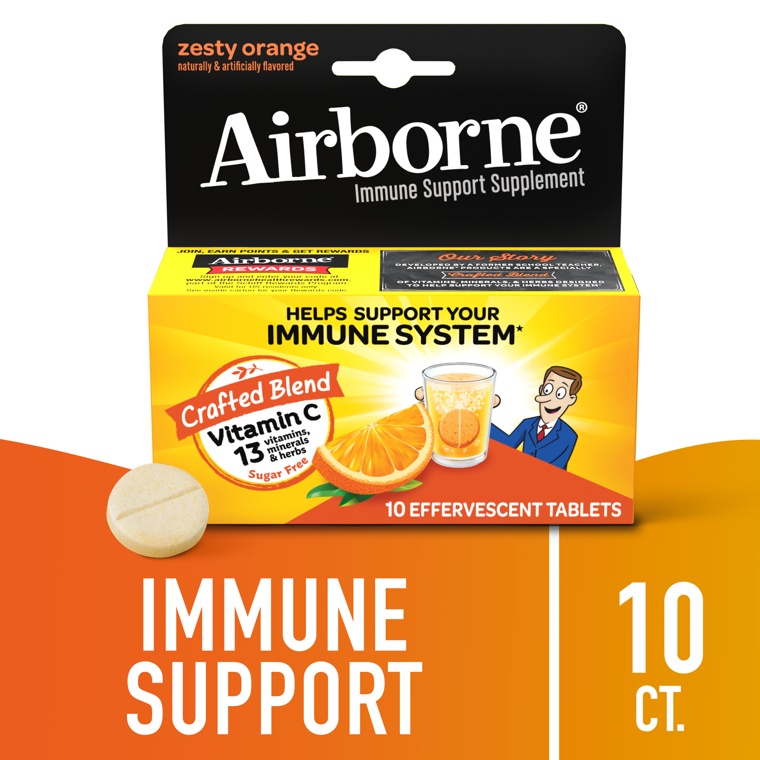 Airborne 1000mg Vitamin C Immune Support Effervescent Tablets, Zesty Orange Flavor, 10 Count - image 1 of 6