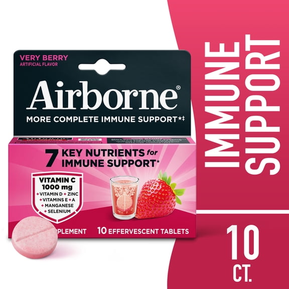 Airborne 1000mg Vitamin C Immune Support Multivitamin Effervescent Tablets, Very Berry Flavor, 10 ct