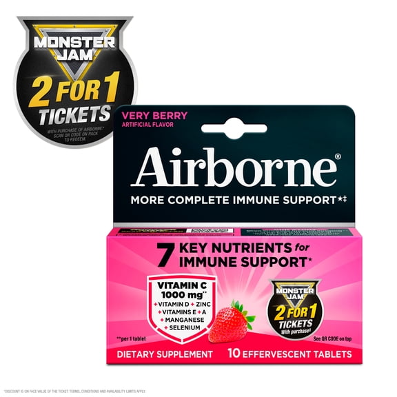Airborne 1000mg Vitamin C Immune Support Multivitamin Effervescent Tablets, Very Berry Flavor, 10 ct