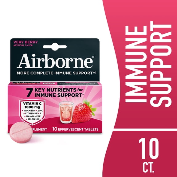 Airborne 1000mg Vitamin C Immune Support Multivitamin Effervescent Tablets, Very Berry Flavor, 10 ct