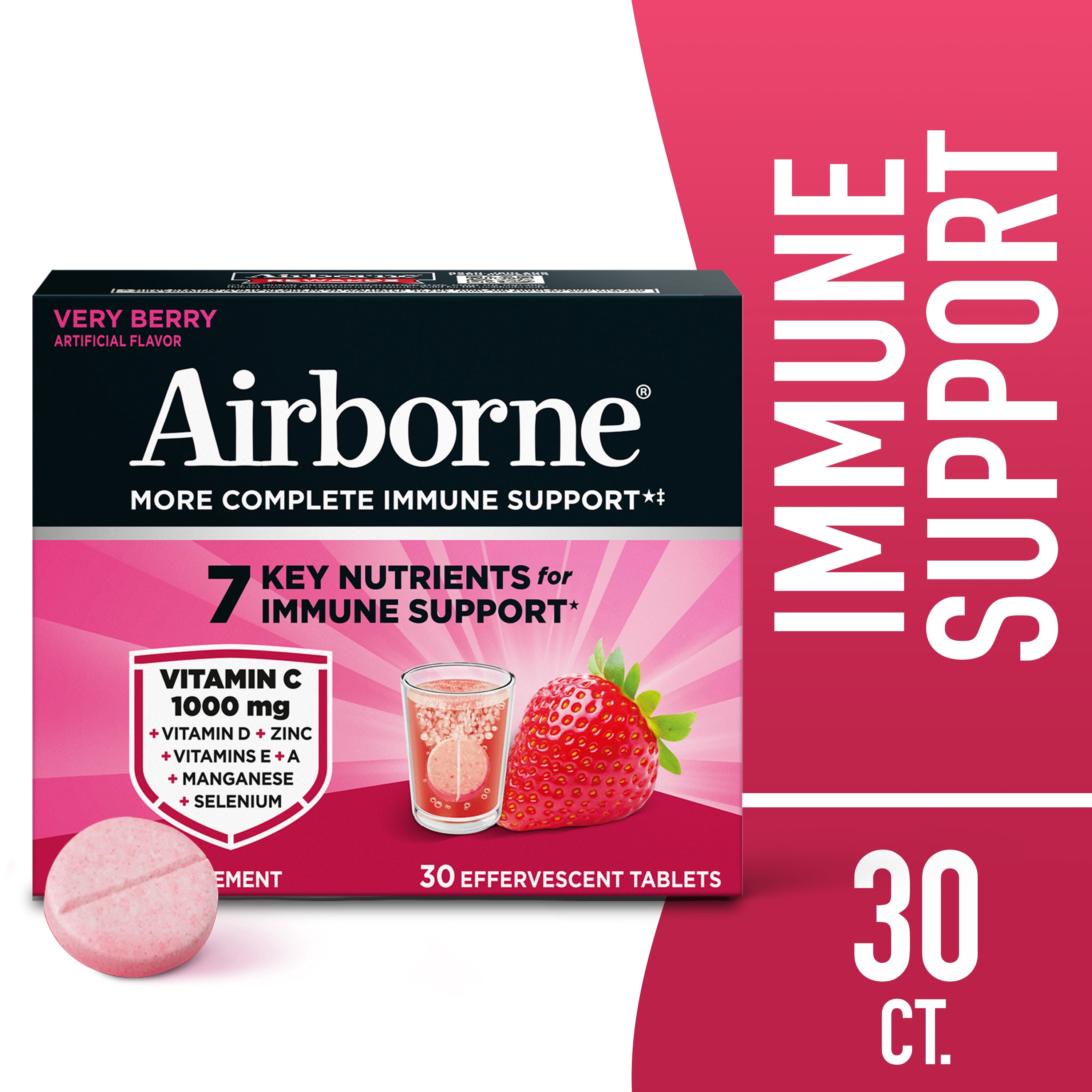 Airborne 1000mg Vitamin C Immune Support Multivitamin Effervescent Tablets, Very Berry Flavor, 30 ct