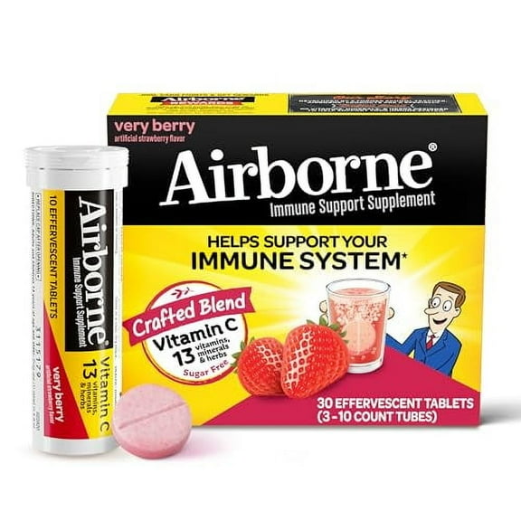 Airborne 1000mg Vitamin C with Zinc, SUGAR FREE Effervescent Tablets, Immune Support Supplement with Powerful Antioxidants Vitamins A C & E - 30 Fizzy Drink Tablets, Very Berry Flavor