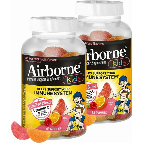 Airborne 500mg Vitamin C + Zinc Immune Support Supplement Gummies for Kids, Assorted Fruit Flavor, Gluten Free Crafted Blend with Powerful Antioxidants Vitamins C & E, 63 Gummies (2 Pack)
