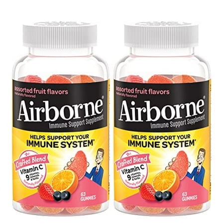 Airborne 750mg Vitamin C Gummies For Adults, Immune Support Gummies With Powerful Antioxidants Vit C & E - (2x63 count bottle), Assorted Fruit Flavor