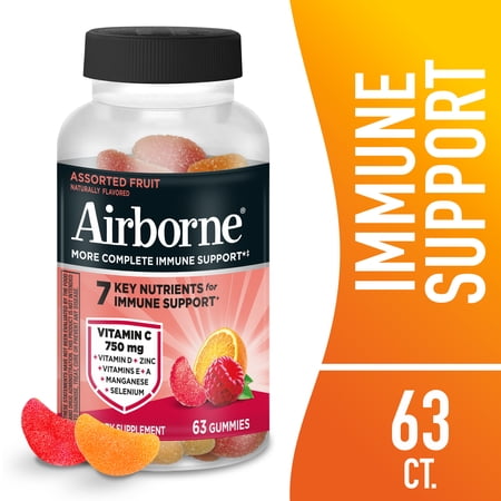 Airborne 750mg Vitamin C Immune Support Gummies, Multivitamin Supplement, Assorted Fruit Flavor, 63 ct