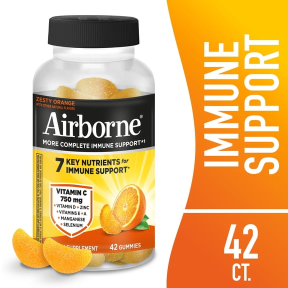 Airborne 750mg Vitamin C Immune Support Gummies, Zesty Orange Flavor, 42 Count