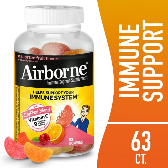 Airborne Assorted Fruit Flavored Gummies, 63 count – 750mg of Vitamin C and Minerals & Herbs Immune Support (Packaging May Vary)