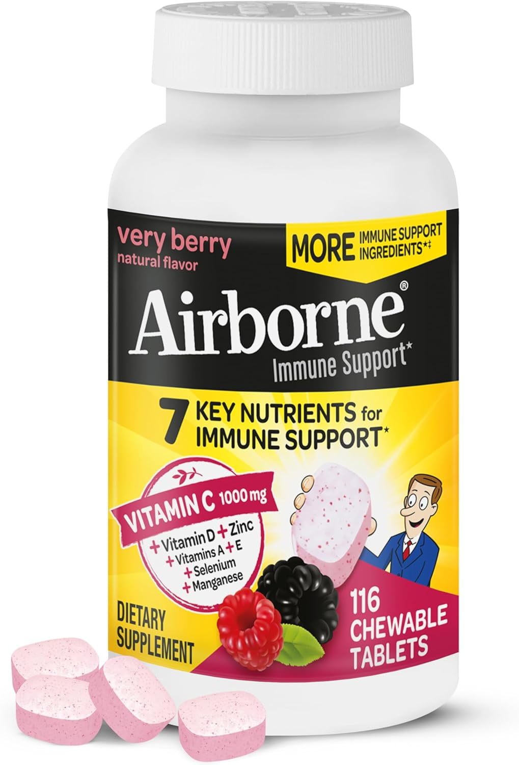 Airborne Berry Chewable Tablets 1000mg of Vitamin C - Immune Support Supplement 11 116 Each