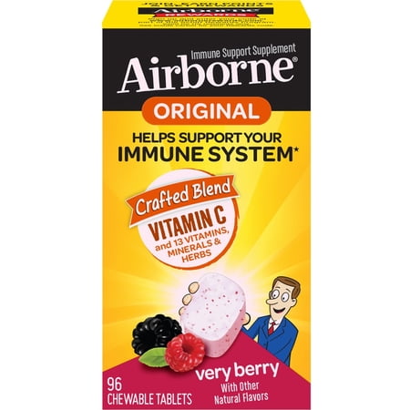 Airborne Chewable Tablets Berry Vitamin C & E Zinc Immune Support -- 96 Chewable Tablets