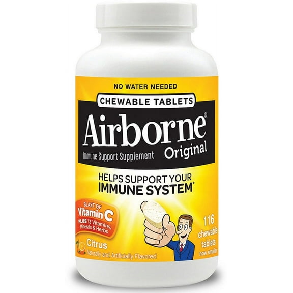 Airborne Citrus Chewable Tablets 1000mg of Vitamin C - Immune Support Supplement 11 116 Each - (Pack of 2)