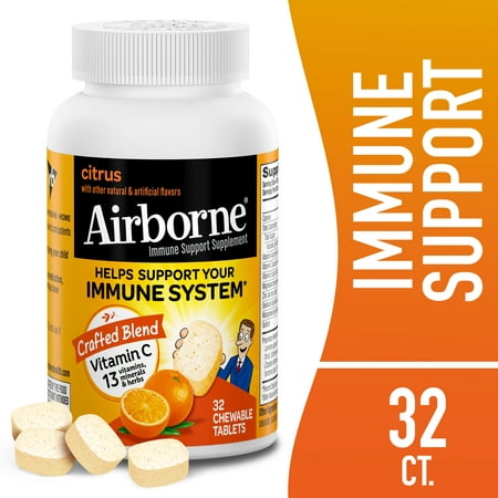 Airborne Citrus Chewable Tablets, 32 count - 1000mg of Vitamin C - Gluten-Free Immune Support Supplement and High in Antioxidants (Packaging May Vary)