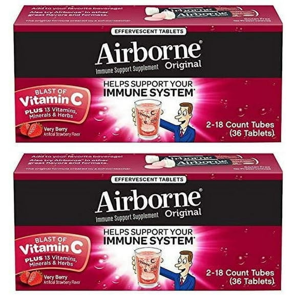 Airborne Very Berry Effervescent Tablets. | Gluten-Free Immune Support Supplement With Vitamin C 1000 mg | 18 counts per tube. Pack of 2 boxes (4 tubes).