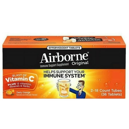 Airborne 1000mg Vitamin C with Zinc Effervescent Tablets, Immune Support Supplement with Powerful Antioxidants Vitamins A C & E - 36 Fizzy Drink Tablets, Zesty Orange Flavor