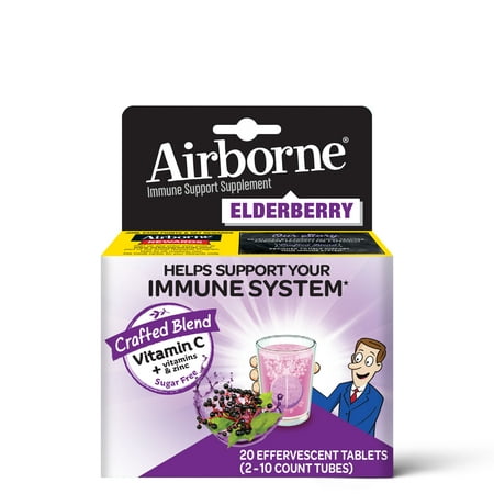 Airborne Elderberry Extract + Vitamin C 1000mg (per serving) - Effervescent Tablets, Gluten-Free Immune Support Supplement, With Vitamins A C E, Zinc, Selenium, Sugar Free, 20 count