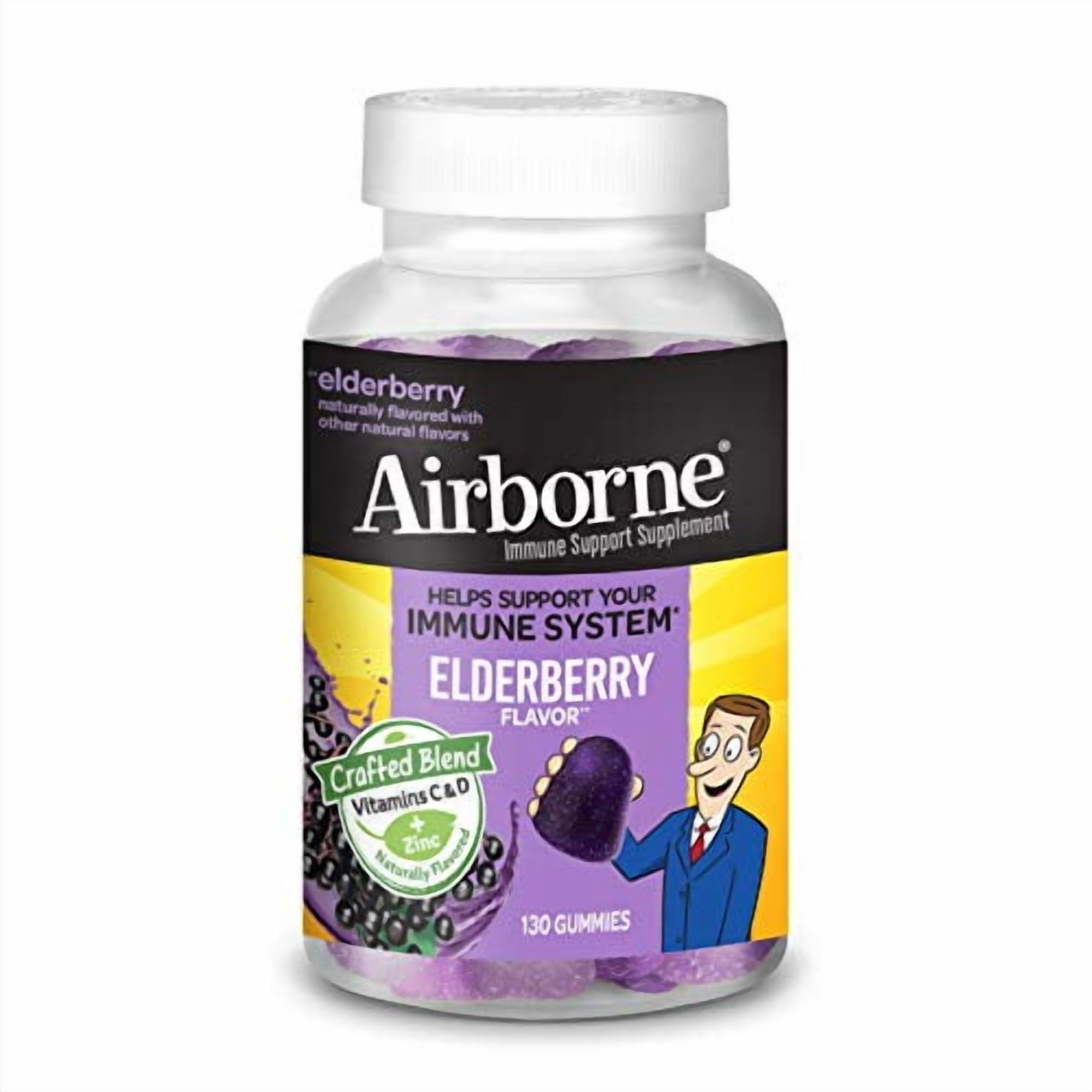 Airborne Elderberry + Zinc & Vitamin C 130 Gummies For Adults, Immune Support Zinc Gummies with Powerful Antioxidants Vit C D & E  Elderberry Flavor