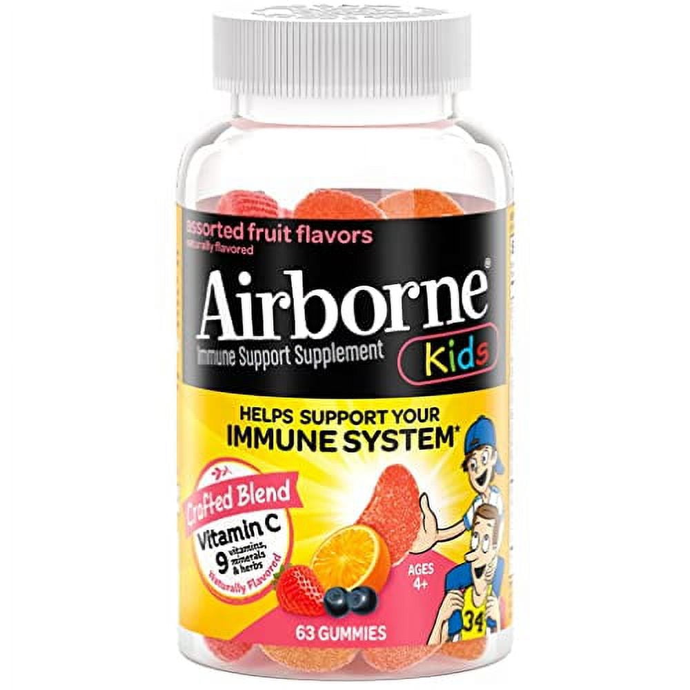 Airborne KIDS 500mg Vitamin C Gummies, Kids Immune Support Zinc Gummies with Powerful Antioxidants Vit C & E - 63 gummies, Assorted Fruit Flavor