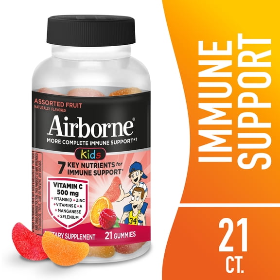 Airborne Kids 500mg Vitamin C Immune Support Gummies, Multivitamin Supplement, Assorted Fruit Flavor, 21 ct