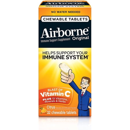 Airborne Original Blast Vitamin C Chewable Tablets Support Immune System, Citrus - 32 Ea, 2 Pack
