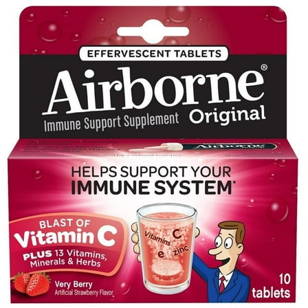 Airborne 1000mg Vitamin C with Zinc Effervescent Tablets, Immune Support Supplement with Powerful Antioxidants Vitamins A C & E - 10 Fizzy Drink Tablets, Very Berry Flavor