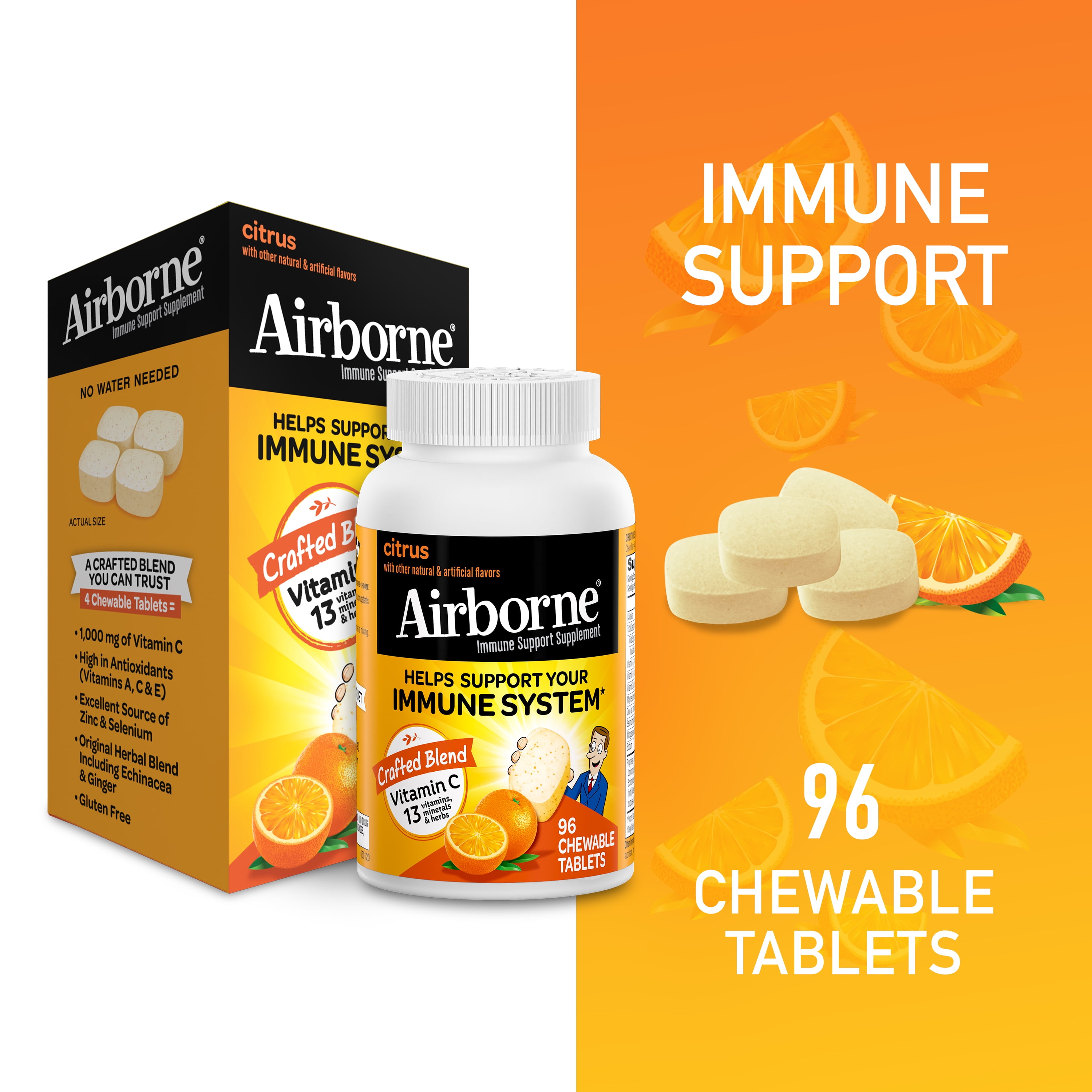 Airborne Vitamin C Chewable Tablets, Citrus 96 ct