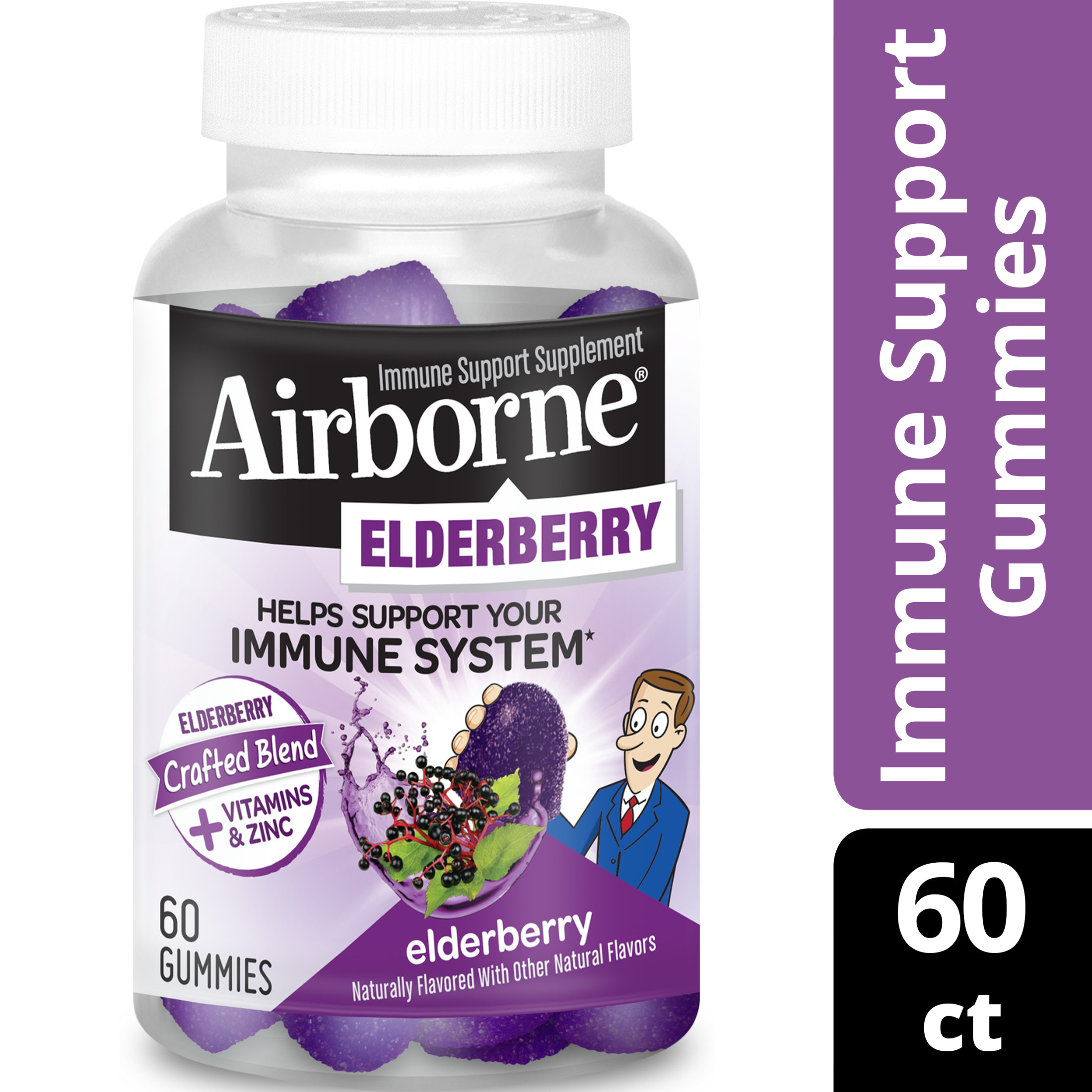 Airborne Vitamin C & Zinc Immune Support Gummies, Elderberry Flavor, 60 Count - image 1 of 11