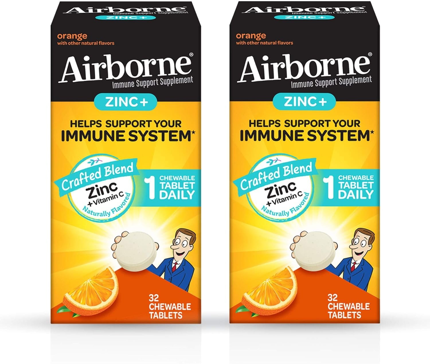 Airborne Zinc & Vitamin C ? Orange Flavored Chewable Tablets 32ct, Gluten Free & Non-GMO Immune Support Supplement, No Color Added, Naturally Flavored, Antioxidants, 1 Tablet Daily Pack of 2