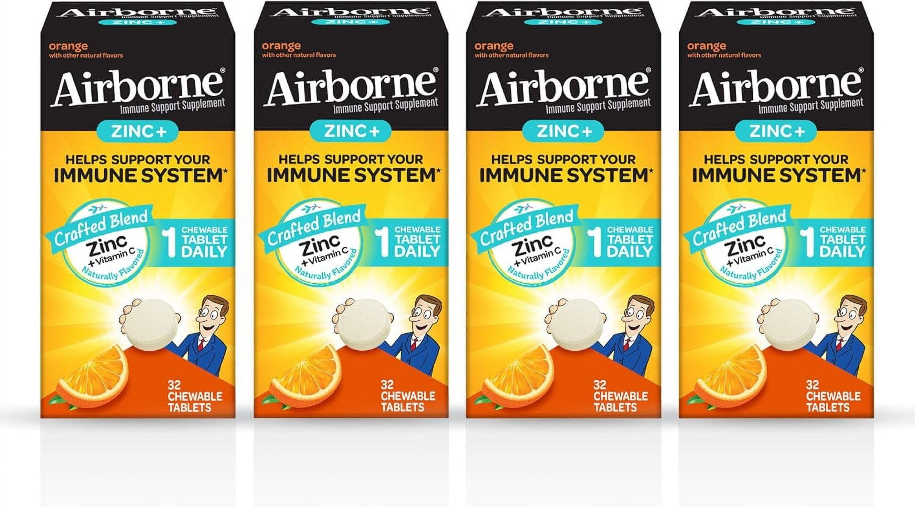 Airborne Zinc & Vitamin C  Orange Flavored Chewable Tablets 32ct, Gluten Free & Non-GMO Immune Support Supplement, No Color Added, Naturally Flavored, Antioxidants, 1 Tablet Daily Pack of 4