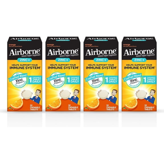 Airborne Zinc & Vitamin C Orange Flavored Chewable Tablets 32ct, Gluten Free & Non-GMO Immune Support Supplement, No Color Added, Naturally Flavored, Antioxidants, 1 Tablet Daily Pack of 4