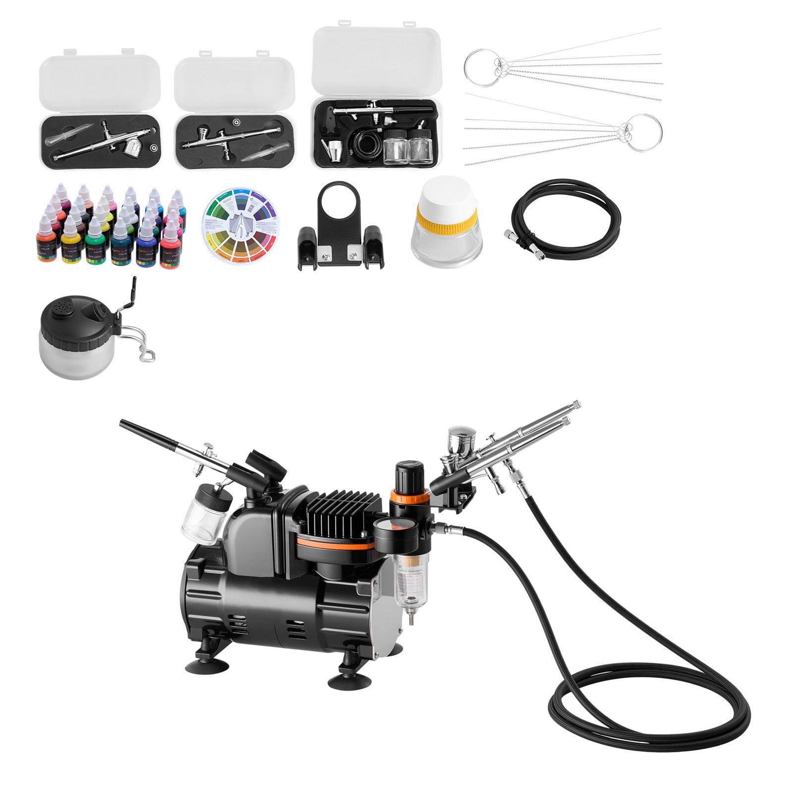Airbrush Kit with Compressor, 1/6 HP, 3 Professional Dual-Action Airbrushes, Low Noise, for Cake Decorating, Nail Art, Model Painting, Includes Hose, Acrylic Paint, and Brush