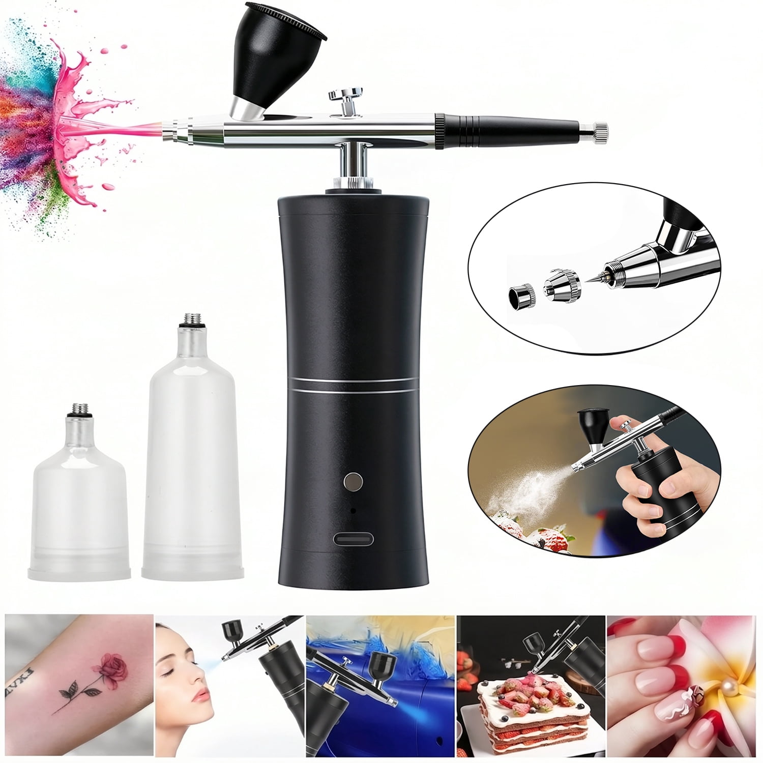 Airbrush Kit with Compressor, Rechargeable Auto Handheld Airbrush Set, Portable Air Brushes for Painting, Tattoo, Nail Art, Model Coloring, Makeup, Black