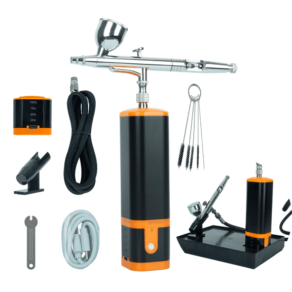 Airbrush Kit with Compressor Rechargeable handhold portable air brush kit cordless Gravity Feed Dual Action 0.3mm Nozzle 2 Batteries Power Display Compact for Models DIY Painting, Orange