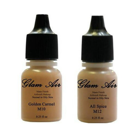 Airbrush Makeup Foundation Matte M10 Golden Carmel and M12 All Spice Water-based Makeup Lasting All Day 0.25 Oz Bottle By Glam Air